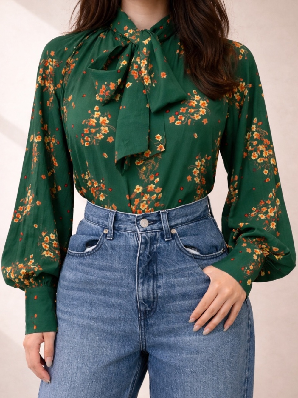 Floral Bow Tie Blouse – Elegant Vintage-Inspired (Size S Fit)